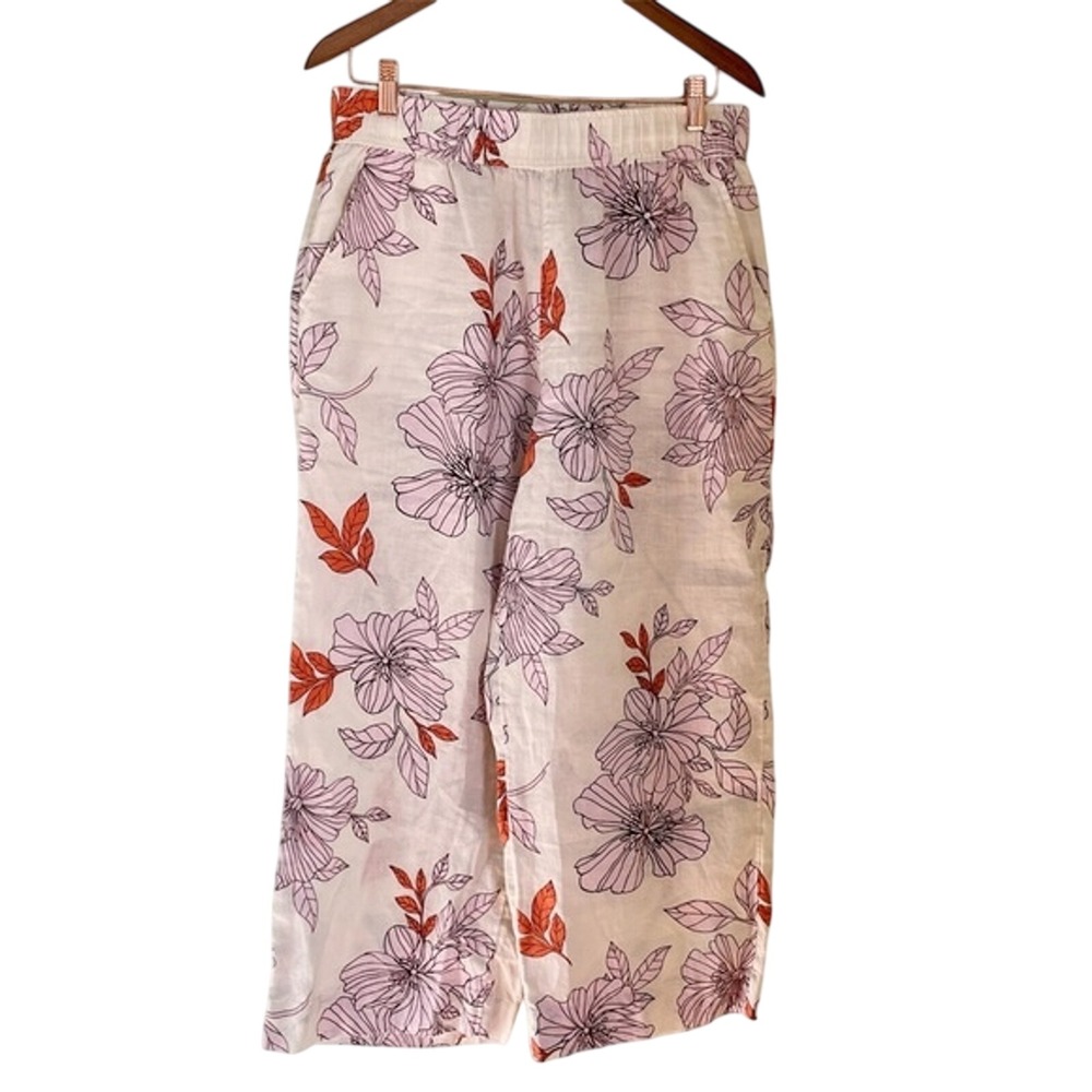 Rachel Roy 100% Linen Size L Floral Wide Leg Pants Boho Resortwear Cottagecore
